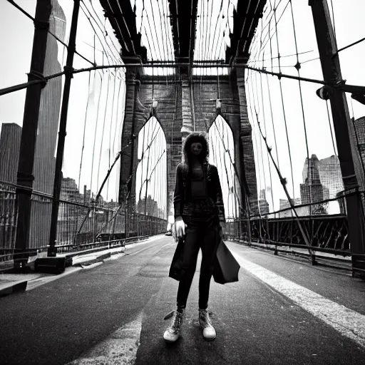 Prompt: empty new york city brooklyn bridge, abandoned alley street in new york, open to sky, underground, metal detailed, zendaya standing at the centre of the street in new york on the ray of light from the roof, : : 1 gray lighting environment, ultra realistic, bichromatic lighting colors, dusk, 8 k unreal engine