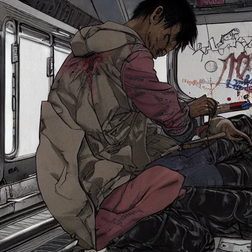 Prompt: tetsuo from akira painting a graffiti in a new york subway train, post apocalyptic scene, katsuhiro otomo, high detail, 4 k