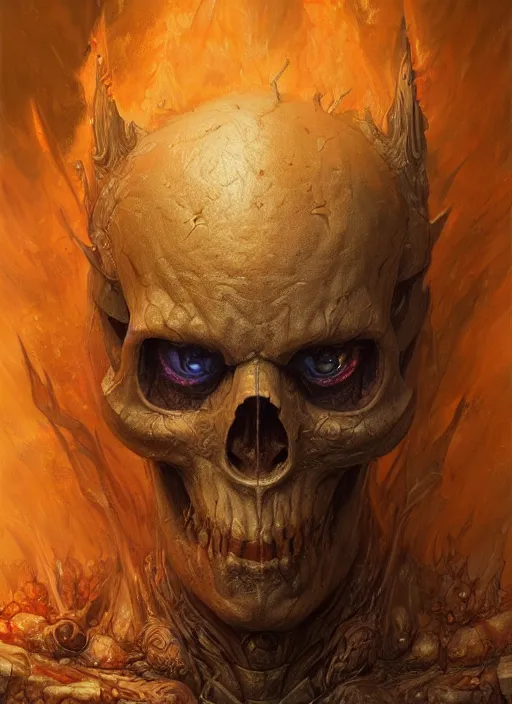 Image similar to realistic scifi monster in hell, closeup portrait art by donato giancola and greg rutkowski, realistic face, digital art, trending on artstation, skull helmet, symmetry!!!