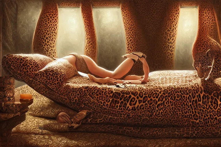 Image similar to detailed leopard print bed in the vaporwave bedroom. highly detailed, digital painting, artstation, concept art, smooth, sharp focus, illustration, artgerm, tomasz alen kopera, peter mohrbacher, donato giancola, joseph christian leyendecker, wlop, boris vallejo