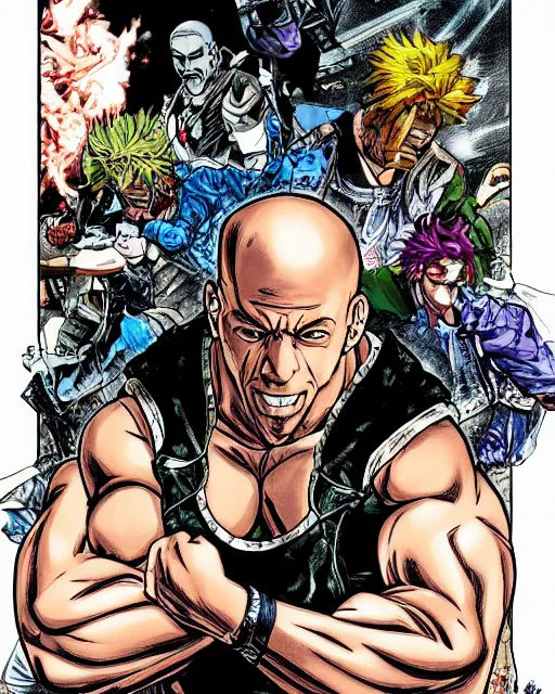 Prompt: Digital color ink drawing of Vin Diesel from JoJo\'s Bizzare Adventure, highly detailed, sharp focus, screentone shading, 1990 manga panel, trending on ArtStation, manga cover art drawn by Hirohiko Araki