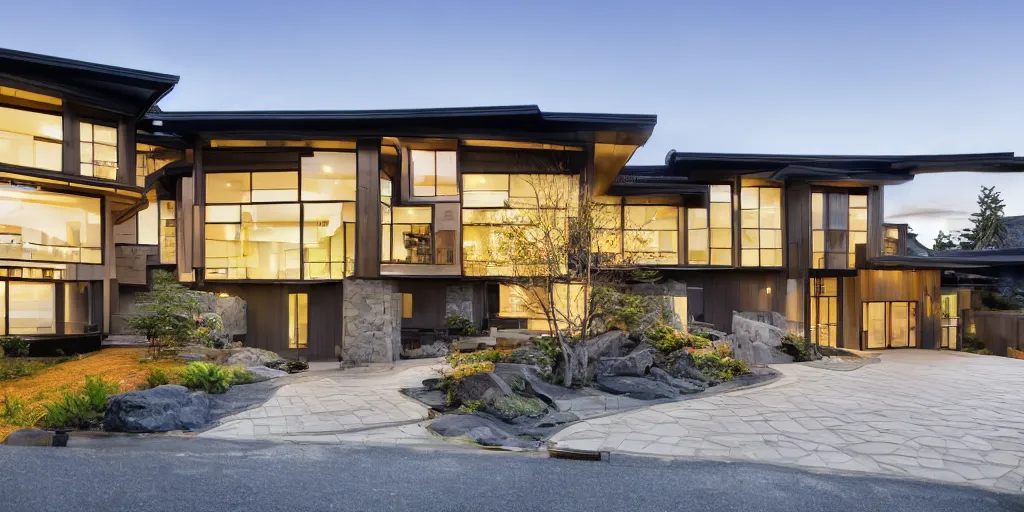 Image similar to large modern residence, washington state japanese style, flared japanese black tile roof, many large windows with light, elegant