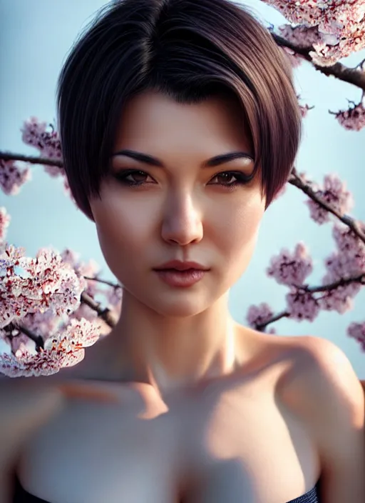 Prompt: photo of a gorgeous female with short gray hair in the style of stefan kostic, realistic, body shot, sharp focus, 8 k high definition, insanely detailed, intricate, elegant, art by stanley lau and artgerm, cherry blossoms