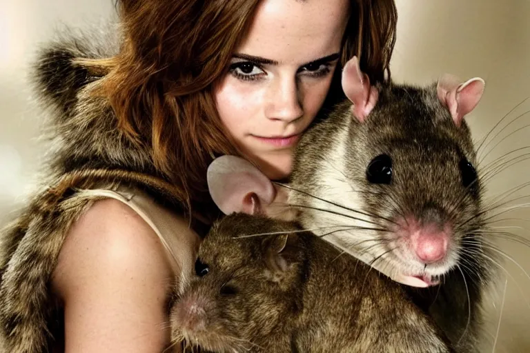 Prompt: photo, emma watson as anthropomorphic furry - rat, 6 5 5 5, she is a real huge fat rat with rat body, cats! are around, eating cheese, highly detailed, intricate details