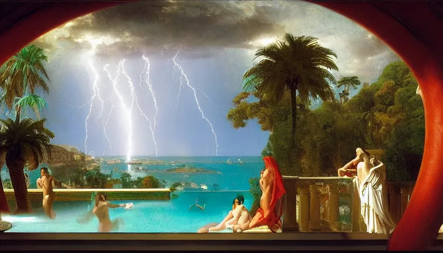 Image similar to From inside the balcony of the giant Palace, mediterranean balustrade and columns, refracted lines and sparkles, thunderstorm, greek pool, beach and Tropical vegetation on the background major arcana sky and occult symbols, by paul delaroche, hyperrealistic 4k uhd, award-winning, very detailed paradise