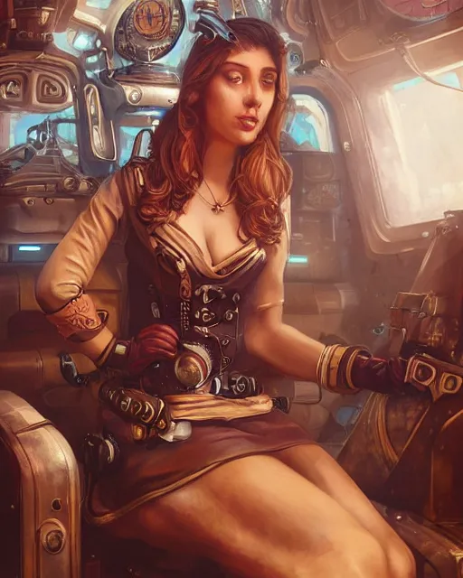 Prompt: anna carlos as a hot girl sitting in a steampunk spaceship, beautiful realistic upper body, beautiful face, portrait, trending on artstation, by dan mumford, by wenjun lin, octane render