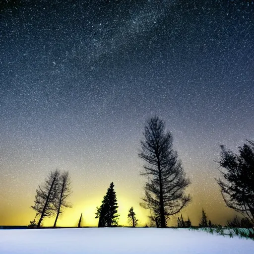 Image similar to calming relaxing trees silhouetted against a dark starry night sky from a distance