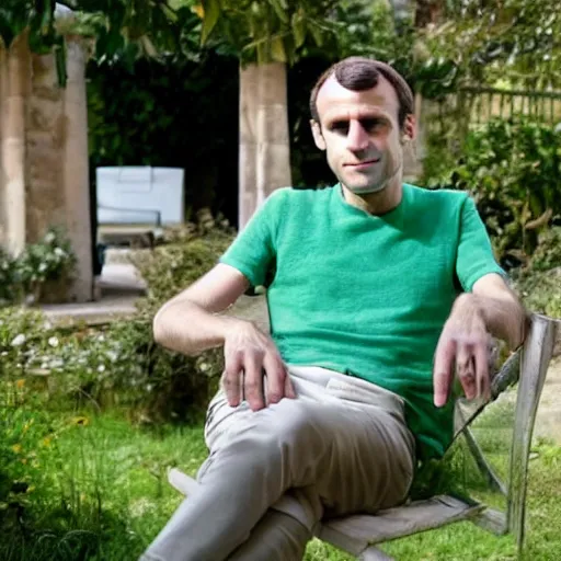 Image similar to mid white hair old emmanuel macron with green shirt and white short, sitting in ile de re house garden