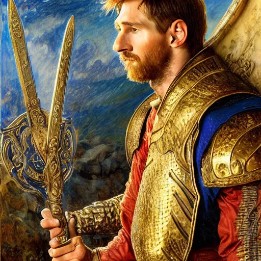 Image similar to attractive lionel messi as attractive king arthur pendragon, natural lighting, high quality, very detailed painting, by gaston bussiere, donato giancola, j. c. leyendecker