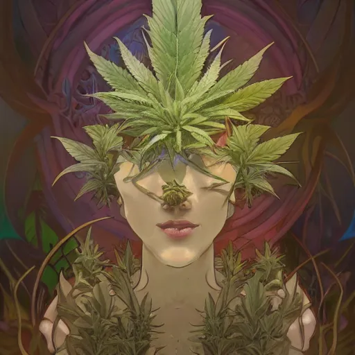 Image similar to a cannabis plant, bio vegetal concept art, by Peter Mohrbacher and Alphonse Mucha, chess, amazonia, detailed, style, 8k, trending on artstation, unreal engine 4k, detailed, clean background trending, full shot, symmetrical portrait, sophisticated, Unreal engine, dystopia, anti-utopia, post processing, psychadelic