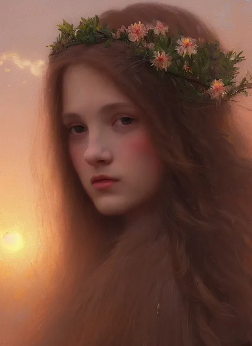 Image similar to oil painting close up portrait of a beautiful young woman with long flowing straight red hair, wearing a crown of wildflowers!! at sunset, hazy, digital art, chiaroscuro, artstation, cinematic, golden hour, digital art painting by greg rutkowski, william - adolphe bouguereau, hazy atmosphere, cinematic lighting