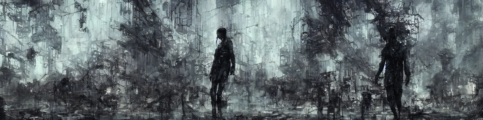 Image similar to lost and alone in an industrial wasteland screaming cyberpunk, wires, machines by emil melmoth zdzislaw belsinki craig mullins yoji shinkawa realistic render ominous detailed photo atmospheric by jeremy mann francis bacon and agnes cecile ink drips paint smears digital glitches glitchart