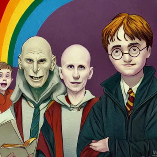 Prompt: harry potter with voldemort, pride flag in background, full picture, art by normal rockwell
