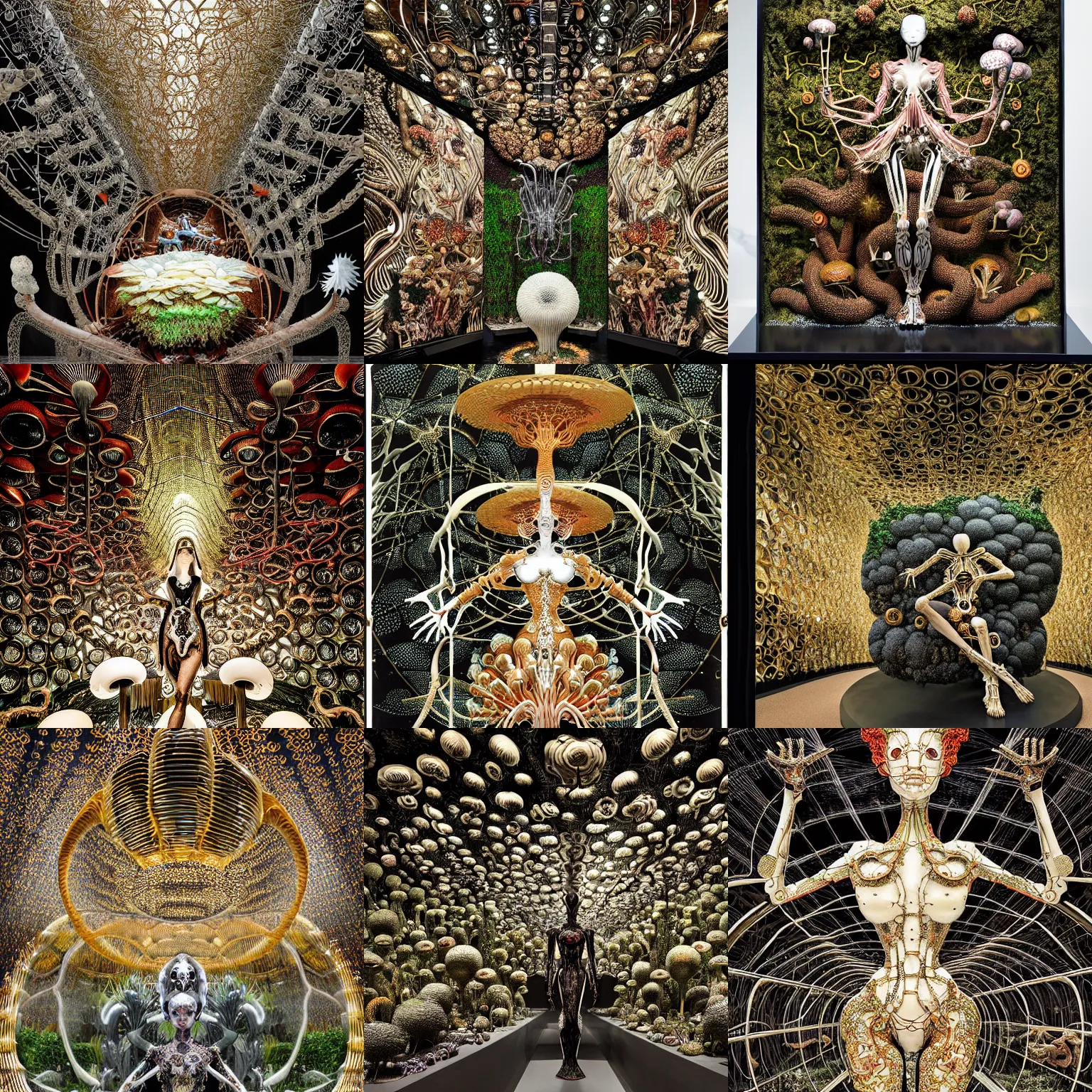 Image similar to symmetric frame from Prometheus, biomechanical gaia, by guo pei and alexander mcqueen metal couture editorial, in mycelium macro mushroom hanging garden by giger by utagawa kuniyoshi by Yuko Shimizu