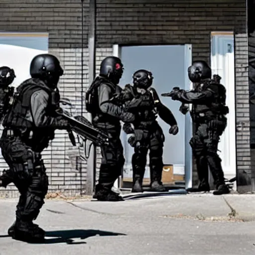 Prompt: a SWAT team breaking down a door, photo