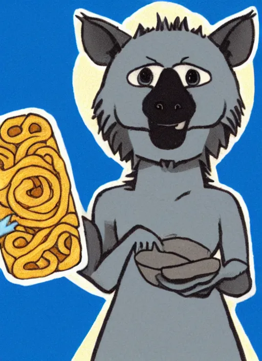 Image similar to An anthropomorphic blue hyena holding a block of ramen