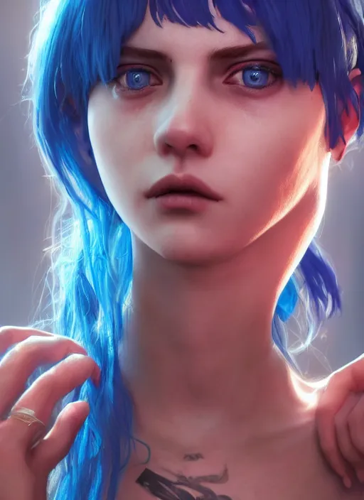 Image similar to beautiful young cyberpunk girl with blue hair, blue eyes, au naturel, holding her hands out, digital art, trending in artstation, cinematic lighting, studio quality, smooth render, fluorescent skin, unreal engine 5 rendered, octane rendered, art style by klimt and nixeu and ian sprigger and wlop and krenz cushart