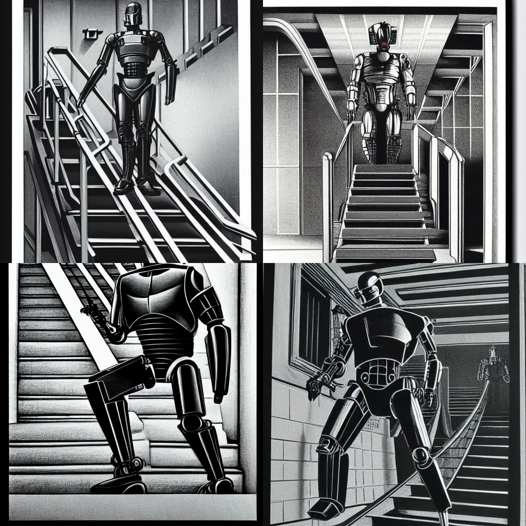 Prompt: lithograph of robocop on stairs by escher
