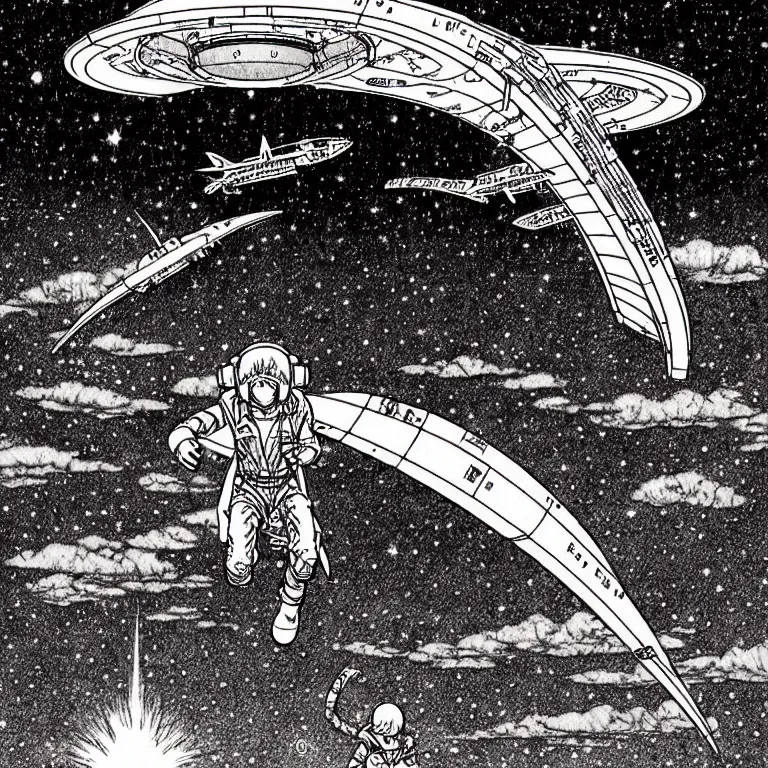 Prompt: cursed illustration of starship landing on starport, manga style of kentaro miura, by norman rockwell, weirdcore