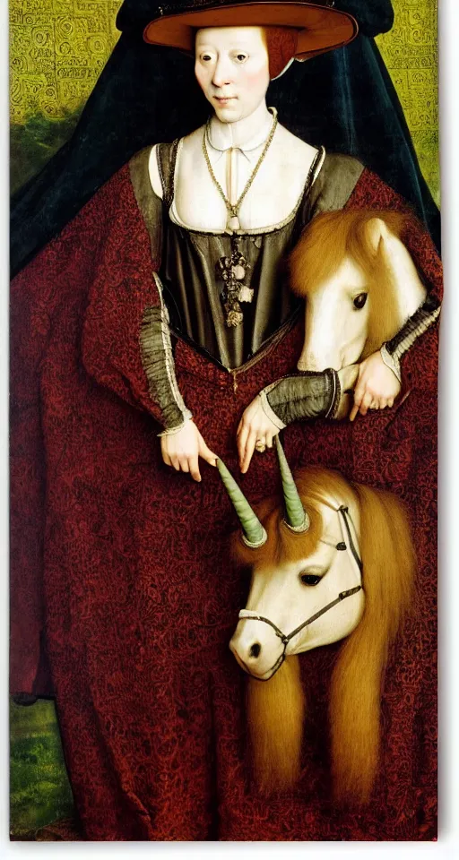 Image similar to painted portrait of a beautiful woman with a unicorn, 1 6 th century, hans holbein the younger, jan van eyck, gerit dou,