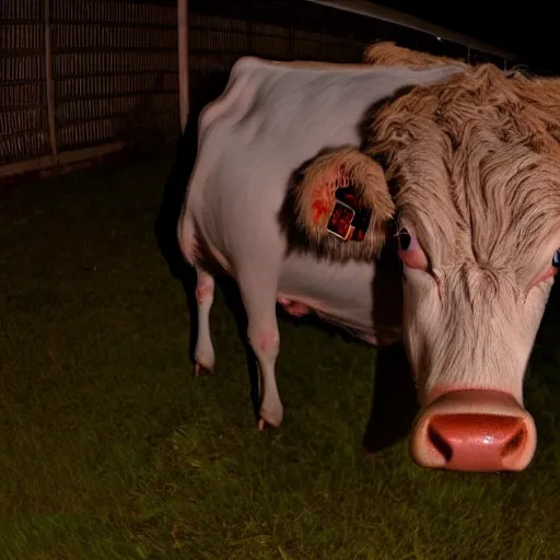 Image similar to ultra - realistic close - up of creepy cow at night, fish - eye - lense, disturbing horror photo, doorbell camera footage