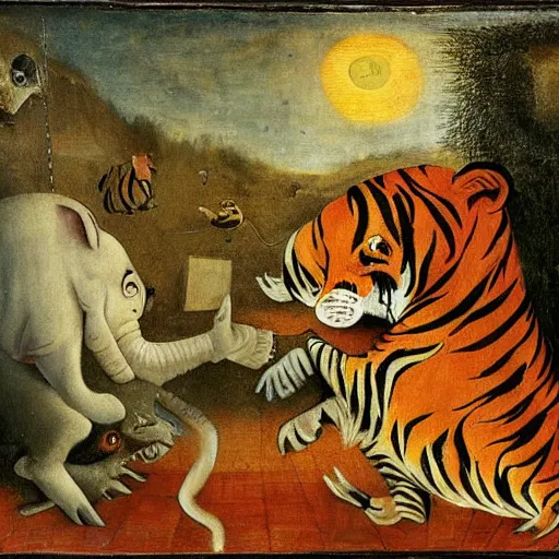 Prompt: in a dream world, a tiger tries to close an important deal, a pig tries to prevent the success of the deal, in the style of hieronymus bosch, part by victor stabin, part by afro, part by cagli, epic composition, insanely quality, only with red and crimson colors, masterpiece