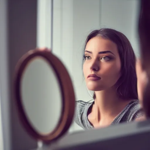 Prompt: a beautiful woman looking at her reflection in the mirror