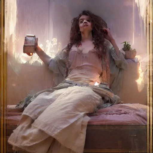 Prompt: portrait of girl in linen clothing falling from the room ceiling into a bed, fantasy character portrait, ultra realistic, concept art, intricate details, highly detailed by greg rutkowski, gaston bussiere, craig mullins, in style of alphonso mucha