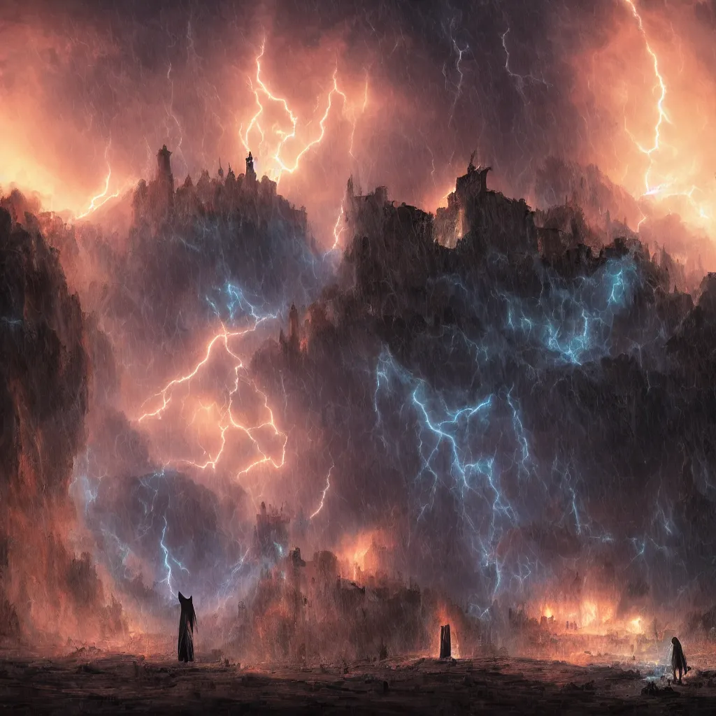 Image similar to a still of a cloaked figure standing in the ruins of crux prime, monastery, there is lightning, blue fiery maelstrom in the distance, it is raining, digital art, artstationhq