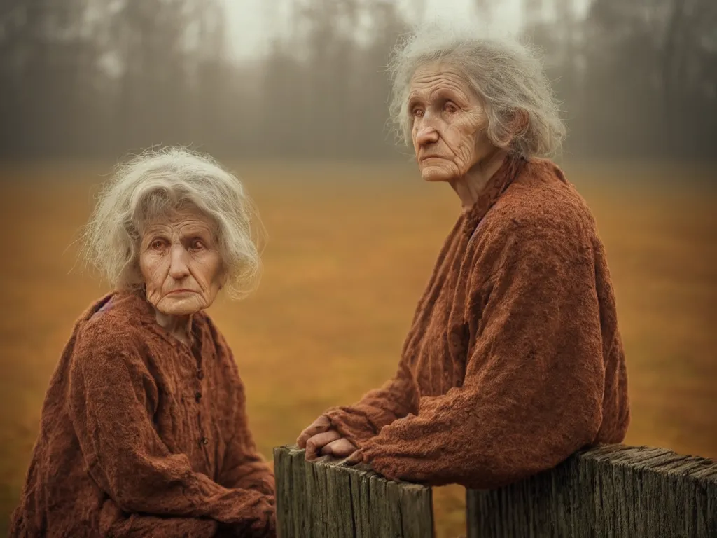 Image similar to medium shot portrait bust of old woman sitting on fence, tired expression, faded color film, russian cinema, tarkovsky, technicolor, heavy forest, wood cabin in distance, shallow depth of field, long brown hair, old clothing, heavy fog, brown color palette, sunset, low light, hudson river school, 4 k, dramatic lighting