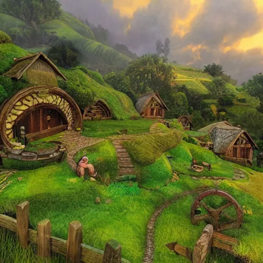 Prompt: the shire, hobbit village. green rolling hills, hobit mounds, hobbit people living life green open world colourful - rated, award winning, realistic, detailed lighting, detailed shadows