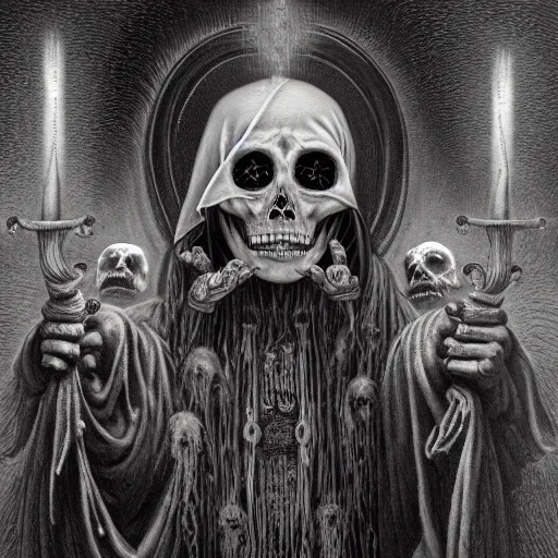 Image similar to santa muerte being awakened by a mexican death cult through a ritual, by anton semenov and gustave dore and guillermo del torro in a surreal dark horror style, oil on canvas, 8k, hd,