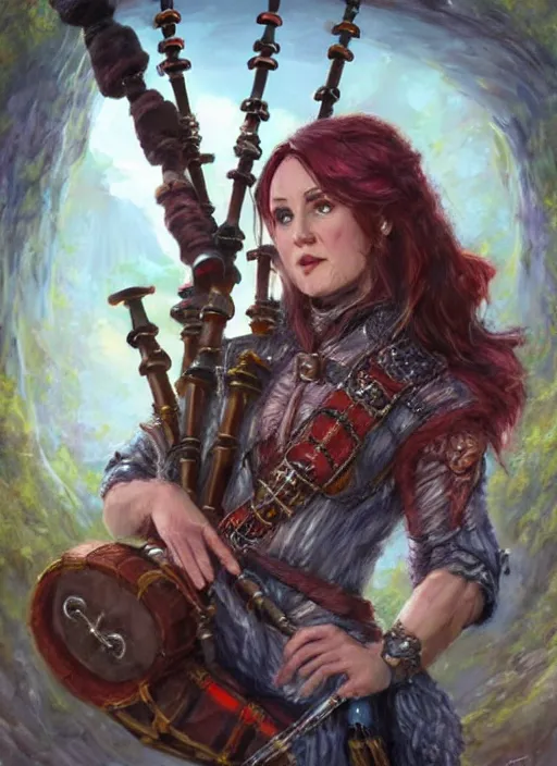 Image similar to female bard playing bagpipe, ultra detailed fantasy, dndbeyond, bright, colourful, realistic, dnd character portrait, full body, pathfinder, pinterest, art by ralph horsley, dnd, rpg, lotr game design fanart by concept art, behance hd, artstation, deviantart, hdr render in unreal engine 5