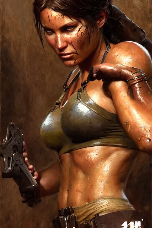 Image similar to focus muscular sweat lara croft, covers with mud exhausted face close up, highly detailed painting by gaston bussiere, craig mullins, j. c. leyendecker 8 k