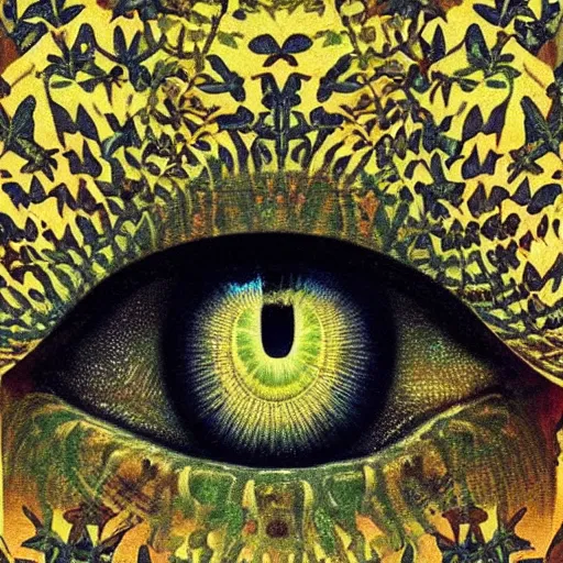 Image similar to a beautiful print a large eye that is looking directly at the viewer. the eye is composed of a myriad of colors and patterns, and it is surrounded by smaller eyes. the smaller eyes appear to be in a state of hypnosis, and they are looking in different directions. by carl spitzweg, by catrin welz - stein rigorous
