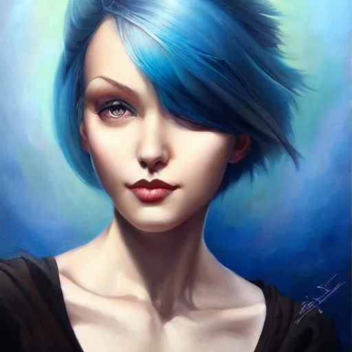 Prompt: a beautiful painting of a smiling woman with stylish short blue hair and sparkling blue eyes representative of the art style of artgerm and wlop and peter mohrbacher, portrait