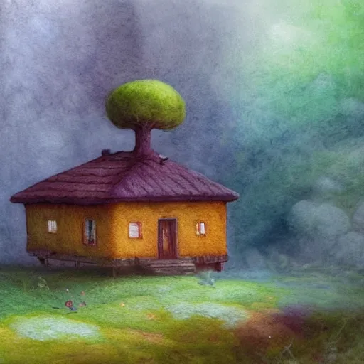 Image similar to small wooden house in the middle of spring forest, bright colours, watercolor, volumetric wool felting, macro photography, children illustration, by christophe vacher