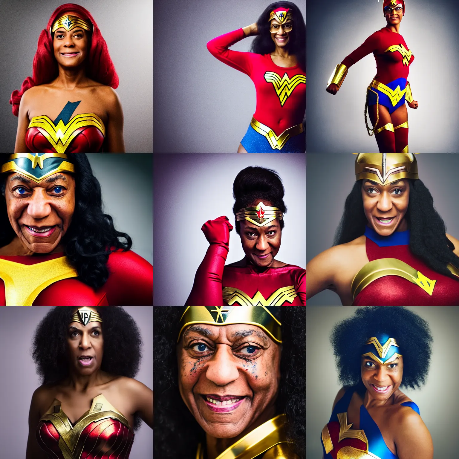 Prompt: dslr photography of bill cosby as wonderwoman, head and shoulders photography, cinematic, studio portrait