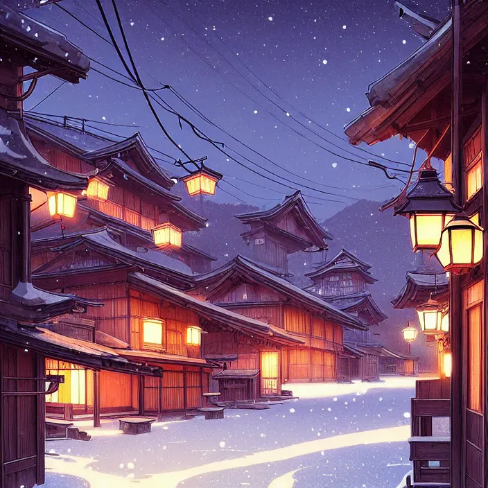 Image similar to empty rural japanese town at night, winter, in the style of studio ghibli, j. c. leyendecker, greg rutkowski, artem