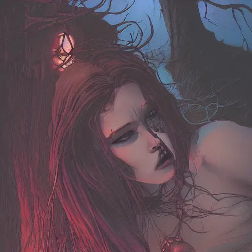 Image similar to a beautiful comic book illustration of a vampire woman with long red hair laying near a lake at night by Jerome Opeña and Greg Rutkowski, featured on artstation