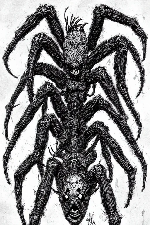 Image similar to spider humanoid figure monster, symmetrical, highly detailed, digital art, sharp focus, trending on art station, kentaro miura manga art style