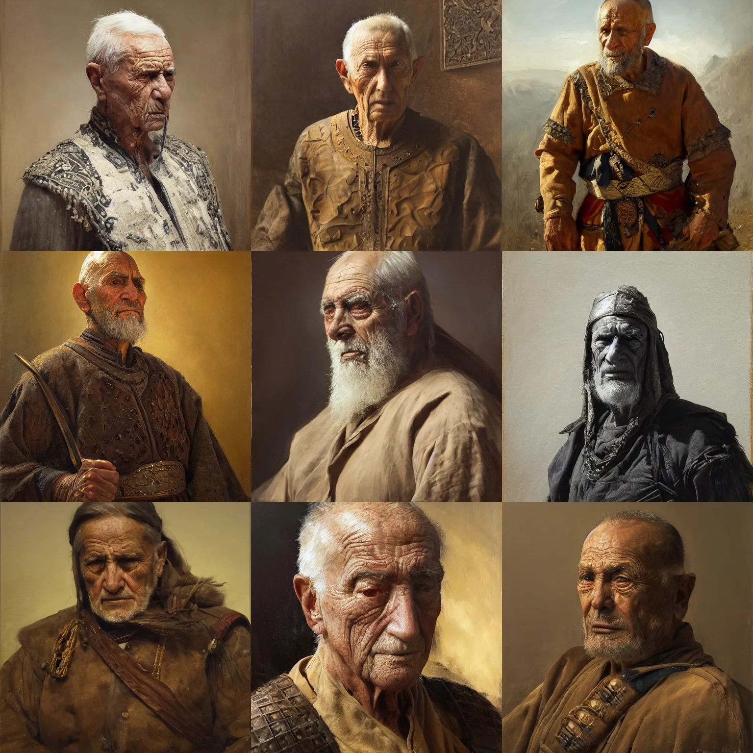 Prompt: portrait of an aged warrior by Nasreddine Dinet and Theodore Ralli and Jean Discart and Anders Zorn, masterful intricate artwork. Oil on canvas, excellent lighting, high detail 8k