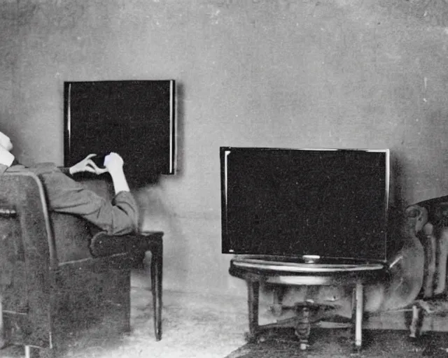 Image similar to 1 9 0 0 s photo of a person watching a flat screen hd tv