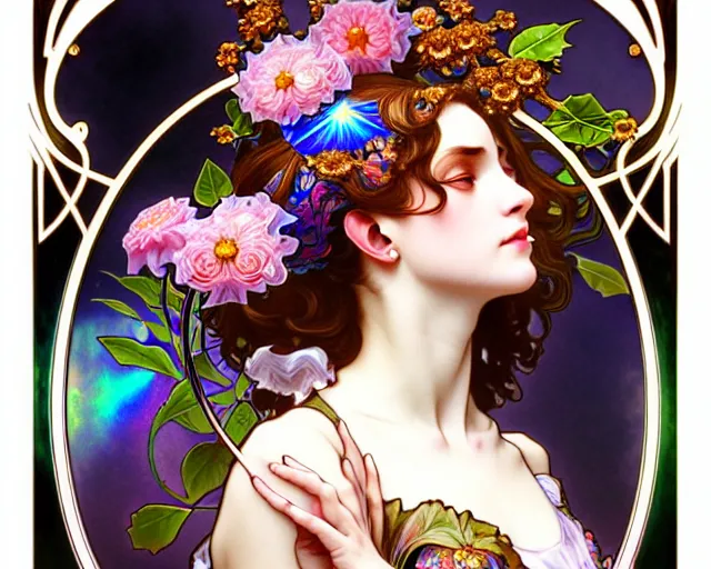 Image similar to overlord, rococo and art nouveau fusion, iridescent diaphanous refractive and reflective flower bouquet, tarot card, highly detailed, deep focus, elegant, digital painting, smooth, sharp focus, illustration, ultra realistic, 8 k, art by artgerm and alphonse mucha