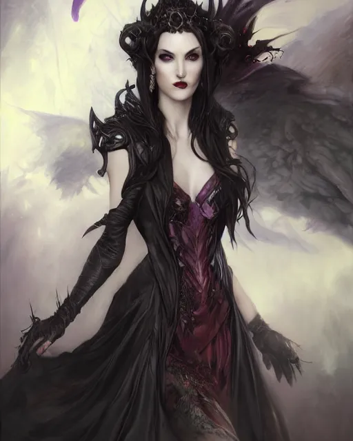 Image similar to daniel gerhartz and artgerm detailed portrait digital rococo painting of a beautiful serious villainess wearing fantasy clothing like liliana vess, villainess has black angel wings, evil mood, hellish battlefield in the background, embers flying, unreal engine, hyper realism, realistic shading, cinematic composition, blender render, octane render, detailed textures, photorealistic, ultrawide shot