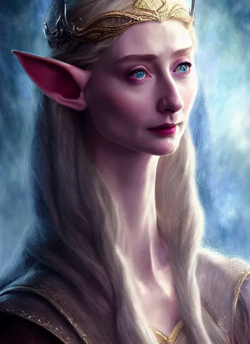 Image similar to beautiful elf elizabeth debicki as galadriel, lord of the rings, lotr fanart, trending on artstation, character art, the hobbit, digital painting, concept art, smooth, sharp focus, illustration, art by artgerm and greg rutkowski, radiant light,