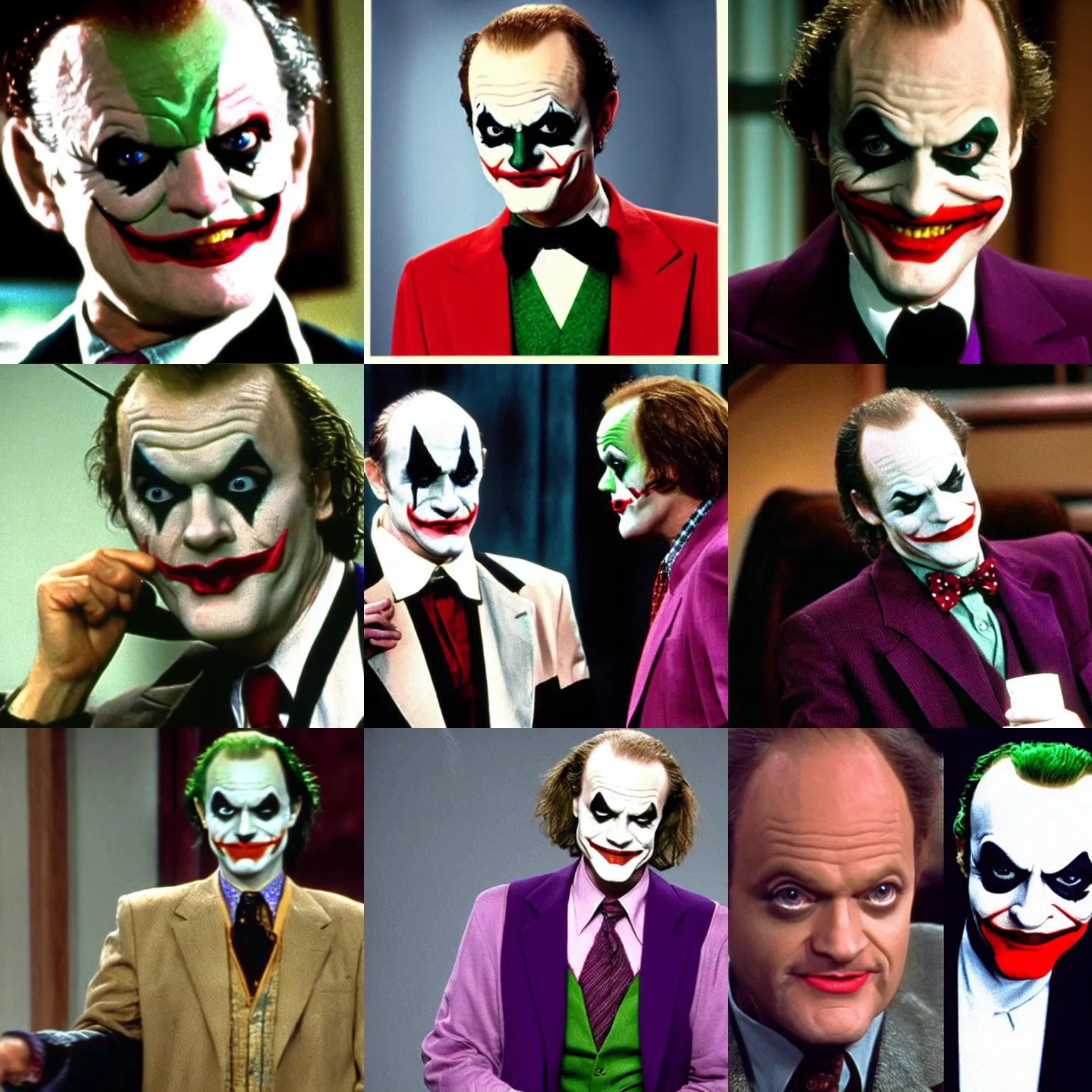 Prompt: frasier crane as the joker, still image from frasier tv series