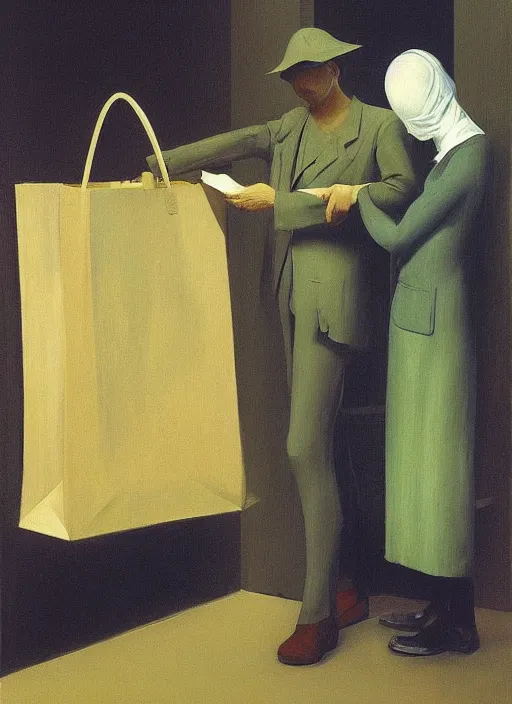 Prompt: man with a paper bag over the head and a sward shopping Edward Hopper and James Gilleard, Zdzislaw Beksinski, Steven Outram highly detailed