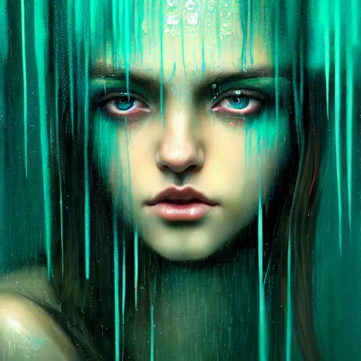 Image similar to girl in rain with wet hair and face, teal, fantasy, intricate, elegant, dramatic lighting, emotionally evoking symbolic metaphor, highly detailed, lifelike, photorealistic, digital painting, artstation, concept art, smooth, sharp focus, illustration, art by John Collier and Albert Aublet and Krenz Cushart and Artem Demura and Alphonse Mucha