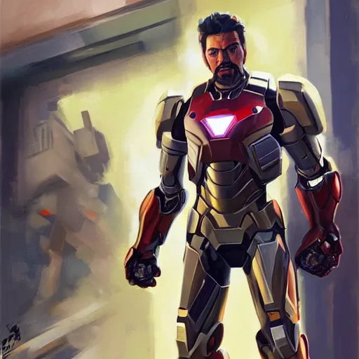 Image similar to greg manchess portrait painting of armored punisher tony stark ironman as overwatch character, medium shot, asymmetrical, profile picture, organic painting, sunny day, matte painting, bold shapes, hard edges, street art, trending on artstation, by huang guangjian and gil elvgren and sachin teng